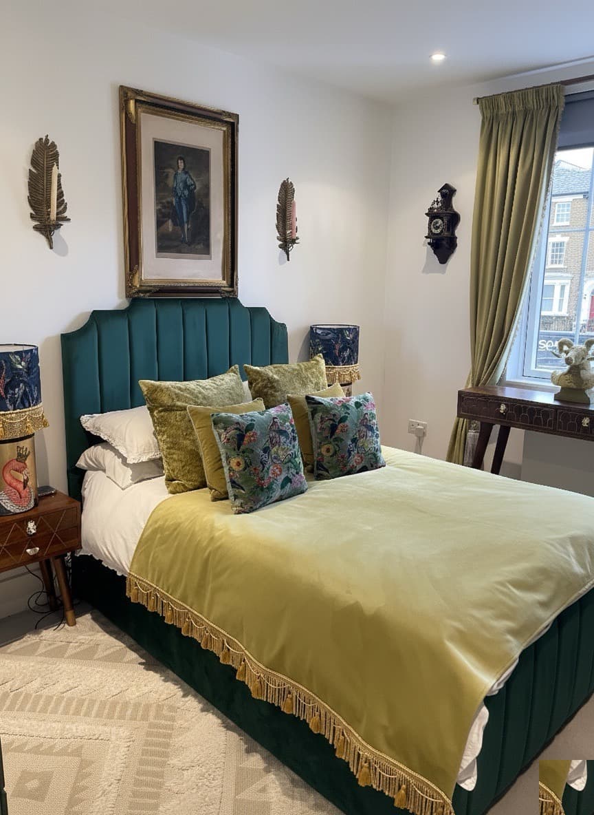 Emerald velvet bedroom with botanical wardrobes, flamingo lamps, and natural light through sash windows