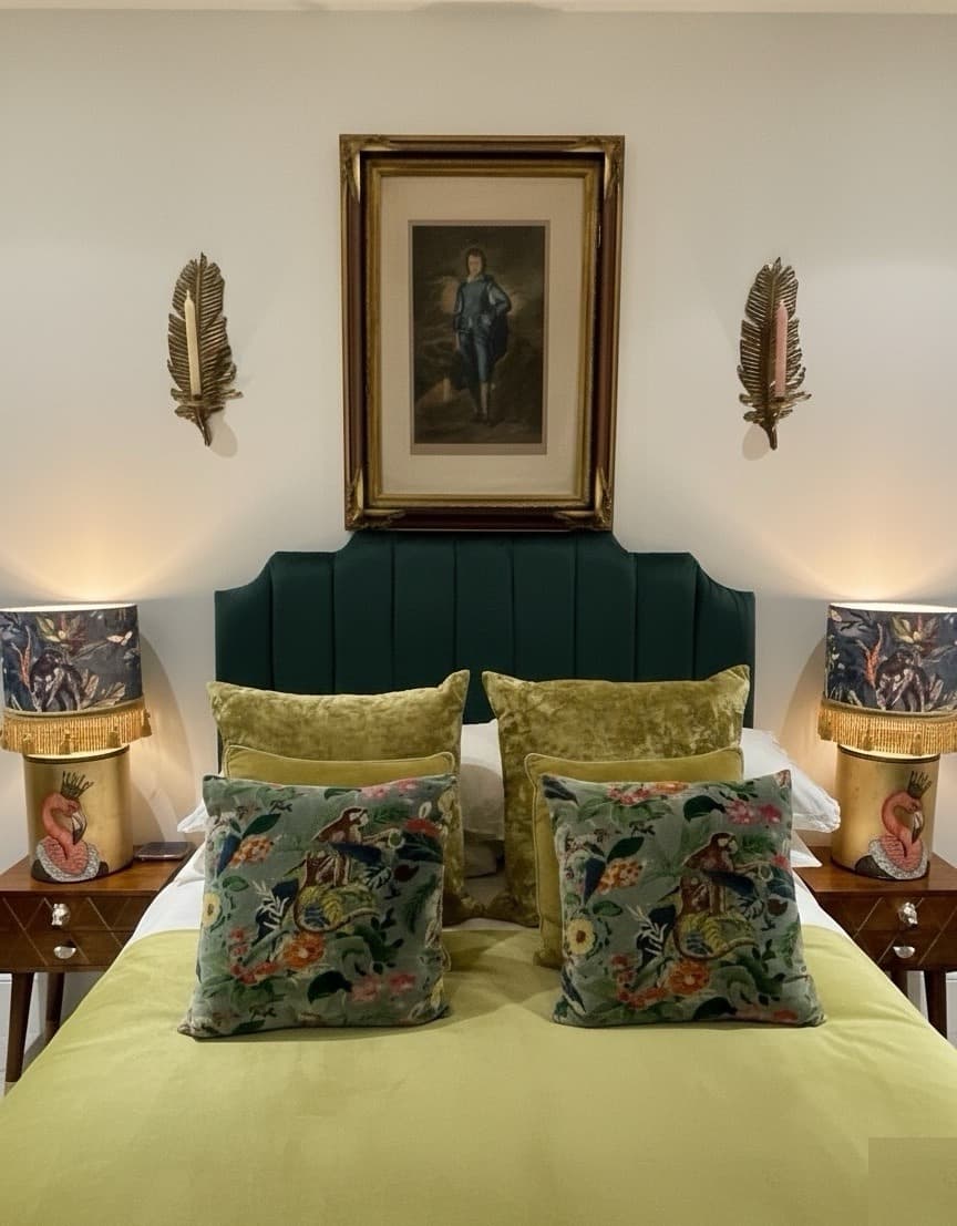 Emerald velvet headboard with flamingo lamps and gold tassel bedding