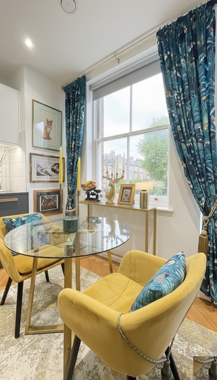 Mustard velvet dining chairs and botanical curtains in a South London flat, with terrace houses visible through the sash window
