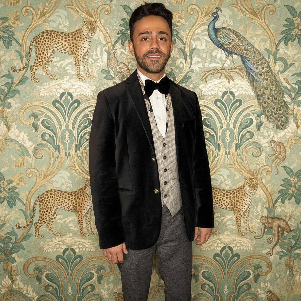 Mahdi Shayan, interior designer, in velvet blazer and bow tie against botanical wallpaper